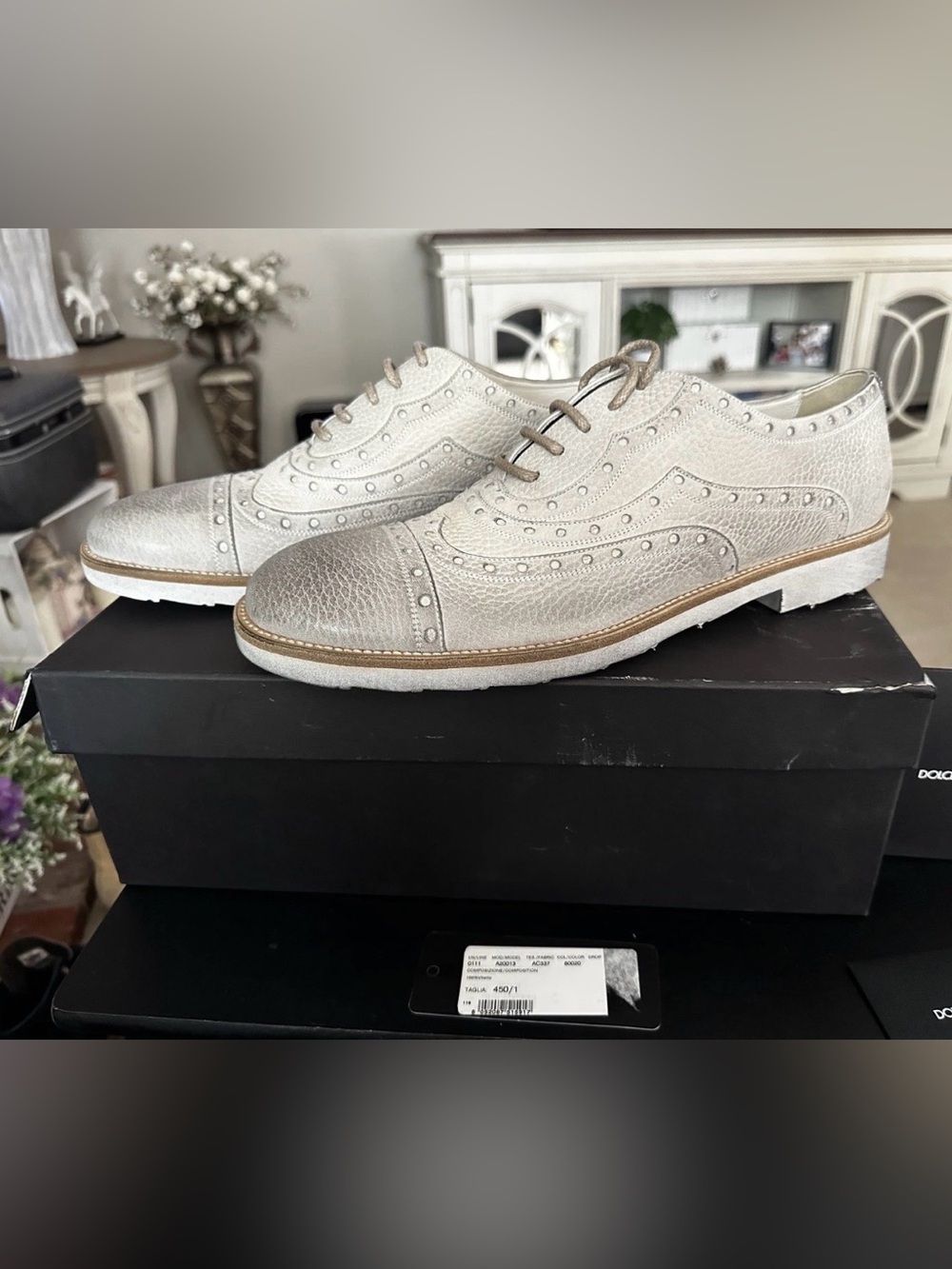 Dolce & Gabana Men's Metallic Textured Wingtip Derby White Silver Men’s Sz 11